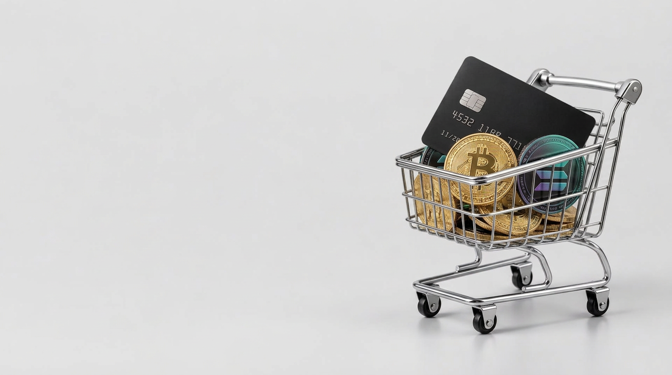 A silver shopping cart filled with coins and a debit card